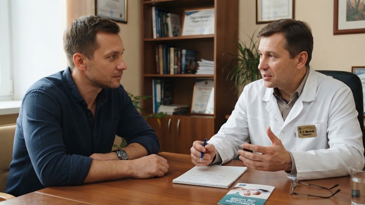 Консультация у врача-нарколога: мотивация на лечение алкоголизма. Мужчина сидит за столом в кабинете врача, который жестикулирует и рассказывает о мотивации на лечение.