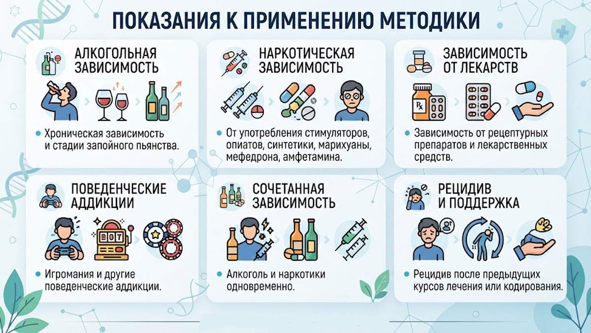 Инфографика, показывающая показания к применению методики.