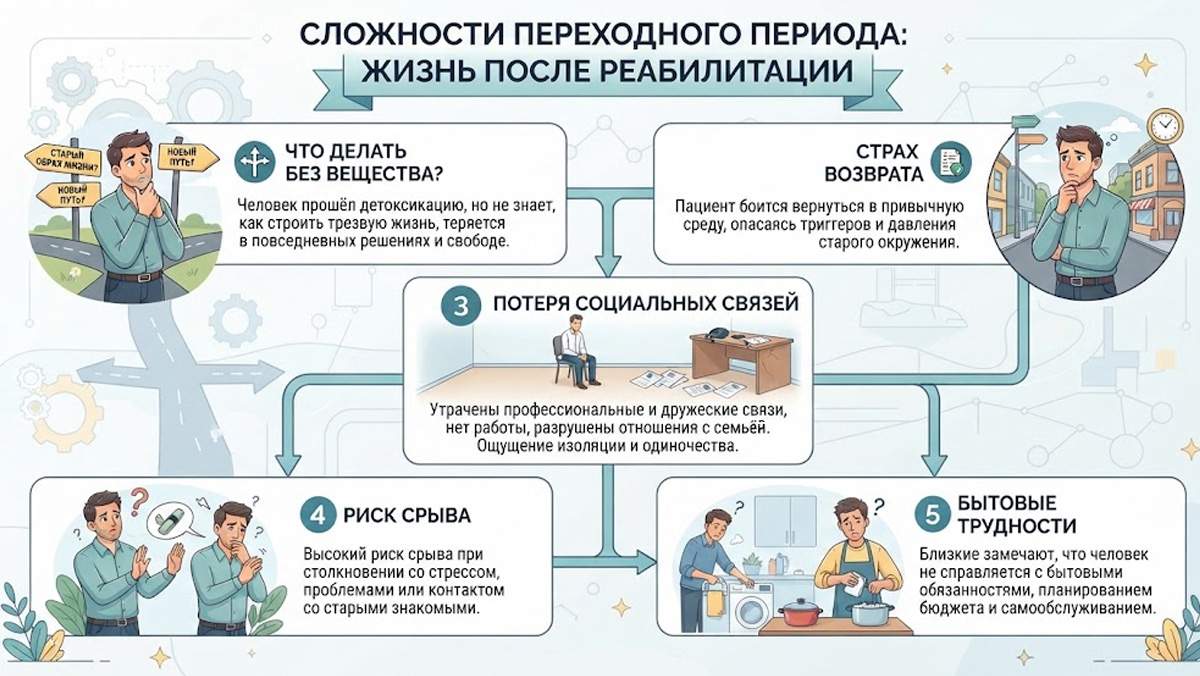 Инфографика, отображающая трудности после реабилитации.