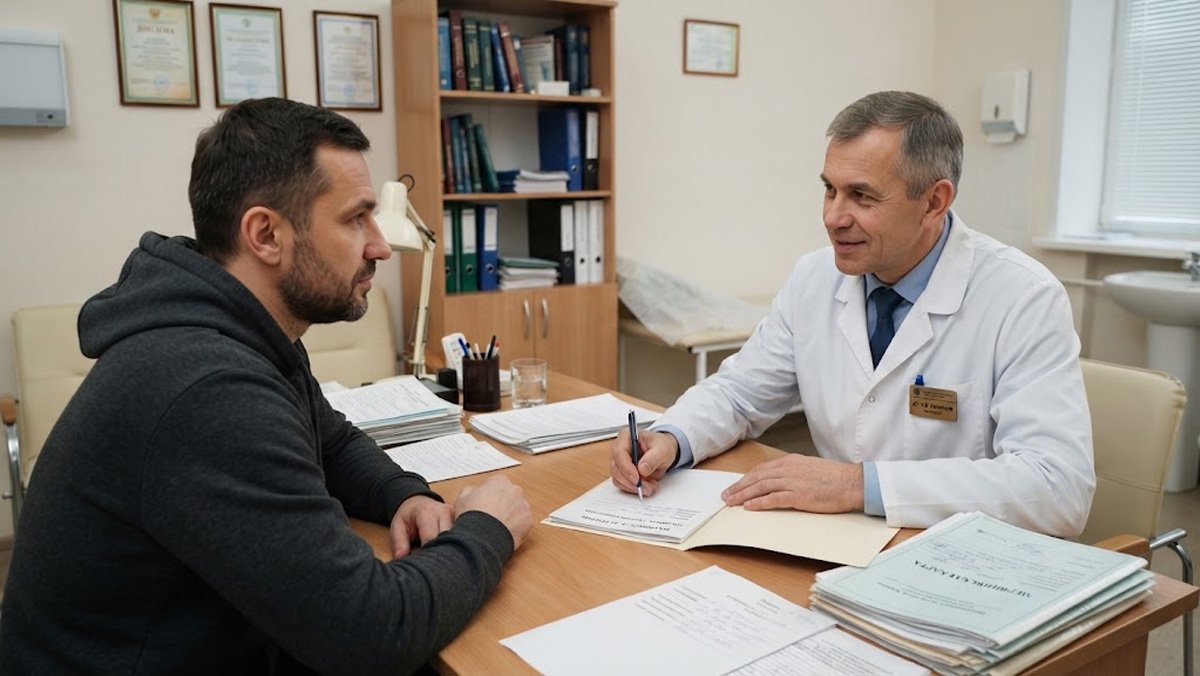 Консультация у врача-нарколога в современном медицинском кабинете. Врач-нарколог проводит диагностику и консультацию по лечению алкоголизма для пациента.